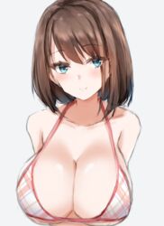  bad_id bad_pixiv_id bikini blue_eyes blush breasts brown_hair cleavage female highres kousi_sirazawa large_breasts looking_to_the_side plaid plaid_bikini saki_(manga) short_hair smile standing string_bikini striped_bikini striped_clothes swimsuit unozawa_shiori upper_body white_background 