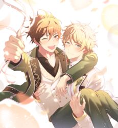  2boys absurdres atoz_(ensemble_stars!) blonde_hair blue_eyes blush brown_eyes brown_hair closed_eyes closed_mouth commentary ensemble_stars! highres jacket kindo long_sleeves looking_at_viewer male_focus morisawa_chiaki multicolored_hair multiple_boys necktie official_alternate_costume open_mouth red_eyes school_uniform short_hair simple_background smile streaked_hair takamine_midori white_background yumenosaki_school_uniform 