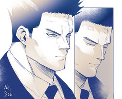  1boy beard blue_eyes blue_theme boku_no_hero_academia close-up closed_eyes closed_mouth endeavor_(boku_no_hero_academia) facial_hair formal koooogasya male_focus mature_male monochrome necktie scar scar_across_eye scar_on_face sequential short_hair sideburns spiked_hair 