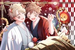  2022 2boys absurdres animal_ears blonde_hair blue_eyes blush brown_hair calligraphy_brush canine closed_eyes daruma_doll ensemble_stars! haori_himo highres japanese_clothes kimono kindo looking_at_viewer male_focus morisawa_chiaki multicolored_hair multiple_boys nail_polish nengajou new_year open_mouth paintbrush ryuuseitai_(ensemble_stars!) short_hair simple_background smile streaked_hair takamine_midori tiger_ears yagasuri yellow_nails yukata 