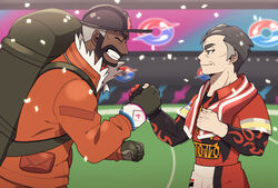  2boys batabiru black_eyes black_headwear clenched_teeth closed_eyes closed_mouth collared_shirt commentary_request confetti dark-skinned_male dark_skin dynamax_band expedition_uniform facial_hair fur_trim gloves handshake helmet highres jacket kabu_(pokemon) male_focus multicolored_hair multiple_boys orange_jacket peony_(pokemon) pokemon pokemon_swsh shirt short_hair short_sleeves single_glove smile stadium teeth towel towel_around_neck two-tone_hair 