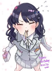  bad_id bad_twitter_id birthday black_hair black_ribbon blazer blush candy closed_eyes commentary_request facing_viewer female flower flying_sweatdrops food food_in_mouth fukumaru_koito grey_jacket grey_skirt hair_flower hair_ornament idolmaster idolmaster_shiny_colors incoming_pocky_kiss jacket kusaka_io long_hair miniskirt neck_ribbon plaid plaid_skirt pleated_skirt pocky pocky_day ribbon school_uniform shirt skirt solo twintails white_background white_shirt 