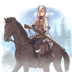  blonde_hair blue_eyes blurry blurry_background bolt_action boots chinese_commentary commentary_request eliskalti female fur-trimmed_boots fur-trimmed_jacket fur-trimmed_sleeves fur_hat fur_trim girls&#039;_frontline gun hat horse horseback_riding jacket knee_boots mosin-nagant mosin-nagant_(girls&#039;_frontline) mosin-nagant_(mod3)_(girls&#039;_frontline) necktie red_necktie riding rifle saddle snowing solo star_(symbol) sword ushanka weapon 