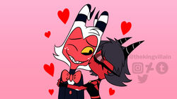  absurd_res black_hair breasts closed_eyes clothed clothing demon duo fangs female hair helluva_boss hi_res horn humanoid husband_and_wife imp kissing love male male/female married_couple millie_(helluva_boss) moxxie_(helluva_boss) open_mouth open_smile red_body romantic romantic_ambiance romantic_couple simple_background smile teeth thekingvillain white_hair 