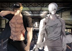  2boys abs bad_id bad_pixiv_id bare_pectorals baseball_cap black_pants blonde_hair blood blood_on_clothes blood_on_face colored_skin hair_over_one_eye hat hataraku_saibou highres holding holding_knife killer_t_(hataraku_saibou) knife looking_at_viewer male_focus military military_uniform multiple_boys muscular muscular_male navel nipples nosebleed open_clothes open_shirt pants pectorals serious shirt short_hair short_sleeves stomach toned toned_male torn_clothes torn_shirt tsunami_(sorudora) u-1146 uniform white_blood_cell_(hataraku_saibou) white_hair white_skin wind 