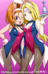  2girls animal_ears barbara_(dq6) black_legwear blonde_hair blue_bow blue_bowtie blue_vest blush bow bowtie breasts chicago-x circlet cleavage closed_mouth dragon_quest dragon_quest_vi earrings green_eyes highres jewelry large_breasts leotard long_hair looking_at_viewer low-tied_long_hair mireyu multiple_girls one_eye_closed open_mouth pantyhose playboy_bunny purple_leotard rabbit_ears simple_background smile strapless strapless_leotard vest 