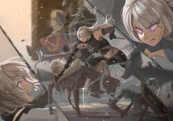  2girls ak-15_(girls&#039;_frontline) black_gloves black_pants blood blood_on_face braid breasts broken_glass commentary_request defy_(girls&#039;_frontline) falling fighting full_body girls&#039;_frontline glass gloves glowing glowing_eyes highres holding holding_knife indoors injury knife long_hair looking_at_another multiple_girls open_mouth pants parted_lips purple_eyes restrained rpk-16_(girls&#039;_frontline) serious short_hair shu70077 smile table tactical_clothes twitter_username 