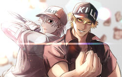  2boys back-to-back baseball_cap blonde_hair clenched_hand colored_skin hair_over_one_eye hat hataraku_saibou highres holding holding_knife killer_t_(hataraku_saibou) knife looking_at_viewer male_focus military military_uniform multiple_boys pectorals seacobalt short_hair short_sleeves smirk sunlight toned toned_male u-1146 uniform upper_body white_blood_cell_(hataraku_saibou) white_hair white_skin yellow_eyes 