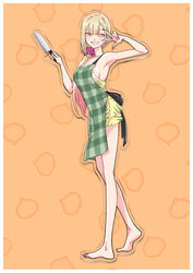  absurdres apron arms_up bare_legs barefoot blonde_hair commentary ear_piercing fake_nails female full_body highres jewelry kitagawa_marin knife multicolored_hair nightgown nishihara_erika official_alternate_costume official_alternate_hairstyle official_art onion patterned_background patterned_clothing piercing pink_hair ponytail red_eyes ring round_teeth scrunchie smile sono_bisque_doll_wa_koi_wo_suru teeth v 