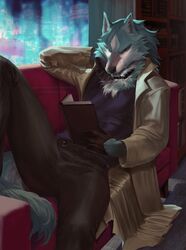  1boy animal_ears animal_nose black_gloves black_pants body_fur book brand_new_animal collar couch furry furry_male gloves grey_fur highres holding holding_book lying male_focus momobeda ogami_shirou pants reading shorts snout solo tail wolf_boy 