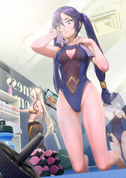  1boy 2girls alternate_costume aqua_eyes ass bare_arms bare_legs bare_shoulders barefoot blue_leotard bodysuit bottle breasts brown_sports_bra cameltoe cleavage covered_clitoris covered_navel covered_nipples crop_top dumbbell dumbbell_nan_kilo_moteru? feet fishnet_bodysuit fishnets full_body genshin_impact gym hair_ornament highleg highleg_leotard highres indoors kneeling legs leotard long_hair machio_naruzou medium_breasts midriff mirror mona_(genshin_impact) multiple_girls ningguang_(genshin_impact) pants parted_lips purple_hair reflection see-through shelf songjo sports_bra standing sweat television thighs towel treadmill twintails water_bottle yoga_pants 