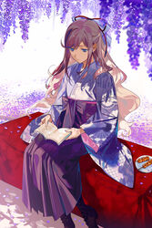  absurdres aokiku bangs bench blue_eyes book boots bow brown_hair cross-laced_footwear dango female flower food hair_ribbon hairbow highres japanese_clothes kimono lace-up_boots lavender_bow lavender_kimono long_hair looking_down obi original petals plate purple_bow purple_kimono reading red_ribbon ribbon sash shadow sitting solo very_long_hair wagashi wavy_hair wide_sleeves wisteria 