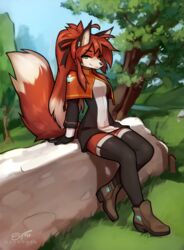  2022 anthro breasts canid canine clothed clothing day detailed_background digital_media_(artwork) dragonfu ear_piercing eyebrows eyelashes female fox fur grass hair hi_res mammal nora_leslie outside piercing plant red_body red_fur sitting sky smile solo tree white_body white_fur 