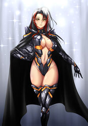  armor black_hair blue_background breasts cleavage cloak closed_mouth cloud fate/grand_order fate_(series) feet_out_of_frame female genderswap_(mtf) highleg highleg_leotard highres large_breasts leg_armor leotard lolita_majin multicolored_hair navel odysseus_(fate) photoshop_(medium) red_hair rule_63 solo star_(symbol) streaked_hair yellow_eyes 