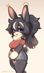  animal_ears artist_name black_fur black_hair breasts denim denim_shorts female furrification furry furry_female highres long_hair looking_at_viewer m_(sharktuna) medium_breasts multicolored_hair original parted_lips ponytail rabbit_ears rabbit_girl rabbit_tail red_shirt sharktuna shirt short_shorts short_sleeves shorts smile solo tail white_fur white_hair 