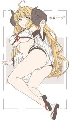  ahoge anila_(granblue_fantasy) anila_(summer)_(granblue_fantasy) bad_id bad_twitter_id bikini blonde_hair breasts draph female granblue_fantasy horns large_breasts ll_0109 long_hair looking_at_viewer official_alternate_costume sheep_horns short_eyebrows solo swimsuit thick_eyebrows yellow_eyes 