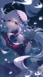  ahoge aqua_gloves arknights bare_shoulders black_ribbon breasts bubble cowboy_shot detached_sleeves dress female gloves hair_between_eyes hand_up highres infection_monitor_(arknights) leg_ribbon long_hair long_sleeves looking_away medium_breasts no_headwear official_alternate_costume red_dress red_eyes ribbon skadi_(arknights) skadi_the_corrupting_heart_(arknights) solo thighs tuzhate very_long_hair white_hair wide_sleeves 