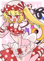  apron bare_hips bare_shoulders blonde_hair blush bow collarbone commentary crystal crystal_wings female flandre_scarlet frilled_hat frills groin hair_between_eyes hair_ornament hair_ribbon hairclip hat heart heart_hair_ornament heart_ribbon highres internet_survivor laevatein_(touhou) mob_cap navel oerba_yun_fang op_na_yarou open_mouth pink_background pink_hat polka_dot polka_dot_bow red_eyes red_ribbon ribbon ribs short_hair side_ponytail skirt solo star_(symbol) touhou v white_ribbon wings 