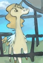  adora_(marsminer) alicorn ambiguous_gender blonde_hair cloud equid equine female_(lore) feral grass hair horn horse mammal marsminer mythological_creature mythological_equine mythology outside plant simple_background simple_eyes simple_face sky solo source_request tail wings yellow_body 