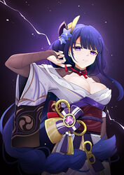  blunt_bangs bow bowtie braid breasts cleavage closed_mouth collarbone commentary_request eyes_visible_through_hair female genshin_impact hair_ornament highres japanese_clothes lightning long_hair looking_at_viewer low_twintails mitsudomoe_(shape) mole mole_under_eye obi obiage obijime purple_eyes purple_hair qingye_ling raiden_shogun sash sidelocks single_braid solo tomoe_(symbol) twintails vision_(genshin_impact) wide_sleeves 