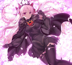  black_cape black_dress black_gloves black_thighhighs blonde_hair breasts cape dark-skinned_female dark_skin dress earrings ereshkigal_(fate) ereshkigal_alter_(fate) fate/grand_order fate_(series) female fur-trimmed_cape fur_trim gloves hair_ribbon highres hoop_earrings jewelry long_hair long_sleeves looking_at_viewer medium_breasts neko_daruma parted_bangs red_eyes ribbon solo thighhighs thighs tiara two_side_up zettai_ryouiki 