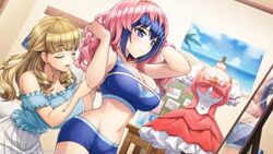  2girls ayato_utae bare_arms blonde_hair blue_eyes blue_hair breasts bust_measuring closed_eyes commentary_request crop_top dolphin_wave highres huge_breasts jewelry large_breasts light_blush long_hair measuring midriff mirror mole mole_under_eye multiple_girls navel necklace official_art ootomo_takuji pleated_skirt short_hair skirt sports_bikini sweat tape_measure tojou_michiru unworn_wig wig 