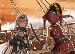  2girls :d absurdres barrel bicorne blush breasts brown_gloves cleavage duel facing_away fighting fighting_stance from_behind gloves green_eyes grey_hair hat highres holding holding_sword holding_weapon hololive houshou_marine houshou_marine_(1st_costume) keg_(container) knight large_breasts medium_hair miniskirt multiple_girls natsuki_(digretking) open_mouth outdoors pirate_hat pirate_ship pleated_skirt plume red_hair red_shirt red_skirt ship shirogane_noel shirogane_noel_(1st_costume) shirt skirt sleeveless smile sword twintails two-handed virtual_youtuber watercraft weapon 