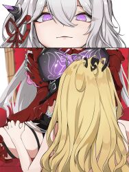  ! !! 2girls absurdres back blonde_hair from_behind highres honkai_(series) honkai_impact_3rd long_hair multiple_girls ovo_(user_fkke4228) pink_eyes songque spread_legs thelema_nutriscu 