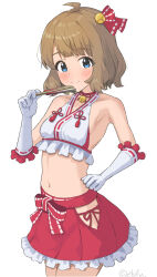 ahoge bare_shoulders bikini blue_eyes bow breasts brown_hair closed_mouth concept_maihime_(idolmaster) cowboy_shot ebifu elbow_gloves female frilled_gloves frilled_shirt frilled_skirt frills gloves hair_ribbon halter_shirt halterneck hand_up highres hip_vent idolmaster idolmaster_million_live! idolmaster_million_live!_theater_days looking_at_viewer midriff navel nontraditional_miko red_ribbon red_skirt ribbon ribbon-trimmed_gloves ribbon-trimmed_shirt ribbon_trim shirt short_hair side-tie_bikini_bottom simple_background skirt sleeveless sleeveless_shirt small_breasts smile solo standing suou_momoko swimsuit twitter_username waist_bow white_background white_gloves 