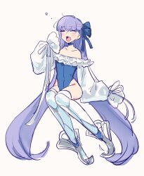  blue_choker blue_one-piece_swimsuit blue_ribbon choker closed_eyes facing_viewer fate/grand_order fate_(series) female frilled_one-piece_swimsuit frills full_body hair_ribbon highleg highleg_one-piece_swimsuit highres long_hair meltryllis_(fate) meltryllis_(swimsuit_lancer)_(fate) meltryllis_(swimsuit_lancer)_(second_ascension)_(fate) off-shoulder_one-piece_swimsuit off_shoulder one-piece_swimsuit prosthesis prosthetic_leg purple_hair ribbon simple_background sleeves_past_fingers sleeves_past_wrists squeans strapless strapless_one-piece_swimsuit swimsuit tetro_mino361 white_background yawning 