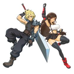  1boy absurdres arm_up armor armpits baggy_pants bare_shoulders black_gloves black_hair black_skirt black_thighhighs blonde_hair blue_eyes boots breasts brown_gloves brown_hair buster_sword clenched_hands closed_mouth cloud_strife crop_top dattosan english_commentary female final_fantasy final_fantasy_vii final_fantasy_vii_rebirth final_fantasy_vii_remake fingerless_gloves full_body gloves highres holding holding_sword holding_weapon large_breasts long_hair looking_at_viewer low-tied_long_hair midriff miniskirt navel open_mouth pants red_boots red_eyes ribbed_sweater short_hair shoulder_armor single_arm_guard single_bare_shoulder skirt sleeveless sleeveless_turtleneck spiked_hair suspender_skirt suspenders sweater sword sword_on_back tank_top thighhighs thighs tifa_lockhart turtleneck turtleneck_sweater uppercut weapon weapon_on_back white_background white_tank_top zettai_ryouiki 