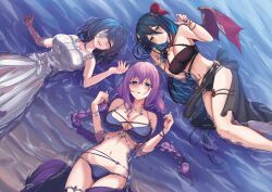  3girls bikini black_bikini black_hair black_nails black_sarong blue_eyes blush bracelet braid breasts demon_horns demon_wings dress eris_(princess_connect!) eris_(summer)_(princess_connect!) eyepatch flower_bracelet hair_between_eyes halterneck highres horns jewelry large_breasts long_bangs long_hair looking_at_viewer low_twin_braids lying medium_hair misora_(princess_connect!) mononoke_(pixiv53597254) multiple_girls nail_polish navel on_back on_side parted_lips partially_submerged princess_connect! purple_hair ranpha_(princess_connect!) ranpha_(summer)_(princess_connect!) red_horns red_wings sarong see-through_clothes see-through_sarong silver_bracelet single_horn single_wing smile sundress swimsuit teardrop_necklace twin_braids wet wet_clothes white_dress wings 