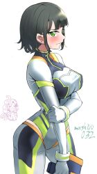  2girls :d =_= ahoge anyoji_hime arm_under_breasts blunt_bangs blush bodysuit breasts closed_eyes closed_mouth commentary contrapposto cosplay cowboy_shot ereka green_eyes grey_bodysuit gun hand_on_own_arm handgun happy_tears highres hip_vent holding holding_gun holding_weapon large_breasts link!_like!_love_live! love_live! momose_ginko multi-tied_hair multiple_girls official_alternate_costume open_mouth partially_colored ponytail profile signature simple_background skin_tight smile tears twitter_username virtual_youtuber weapon white_background 