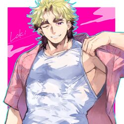  1boy armpit_peek bara blonde_hair border grin hagiography hawaiian_shirt highres loki_(housamo) male_focus multicolored_hair one_eye_closed red_eyes shirt smile solo sparse_stubble thick_eyebrows tokyo_afterschool_summoners two-tone_hair white_border white_shirt 