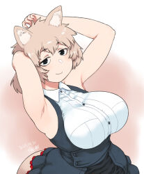 animal_ears armpits arms_up black_eyes blush breasts brown_background buttons collared_shirt dated dog_ears dog_girl dog_tail dress female frilled_dress frills large_breasts layered_dress looking_at_viewer looking_up medium_hair original shirt signature simple_background sleeveless sleeveless_dress sleeveless_shirt smile tail tsukudani-chan tsukudani_(coke-buta) underbust virgin_killer_outfit white_background white_shirt 