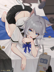  1boy alternate_costume animal_ear_fluff animal_ears artist_name bag barefoot bed black_jacket black_sailor_collar black_skirt blue_bow blue_bowtie blue_eyes bow bowtie breasts caelus_(honkai:_star_rail) cat_ears cat_girl cat_tail cipher_(honkai:_star_rail) coin commentary cream_on_hands credit_card crop_top female fingernails grey_hair hashtag-only_commentary highres holding holding_milk_carton honkai:_star_rail honkai_(series) indoors jacket large_breasts licking licking_hand long_fingernails looking_at_viewer median_furrow medium_hair milk_carton nail_polish on_bed pov pov_hands sailor_collar school_bag school_uniform serafuku shirt shoes short_sleeves skirt tail toenail_polish toenails toes trailblazer_(honkai:_star_rail) unworn_jacket unworn_shoes white_shirt yellow_nails yunkaiming 