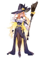  absurdres bare_shoulders black_hat black_skirt blonde_hair blue_eyes braid breasts brooch broom brown_pantyhose crossed_legs detached_sleeves earrings english_commentary female flower frilled_sleeves frills full_body hand_on_headwear hand_up hat hayo_(dydgk6664) highres holding holding_broom jewelry long_hair long_skirt long_sleeves looking_at_viewer medium_breasts original pantyhose parted_lips rose shirt shoes side_slit simple_background skirt sleeveless sleeveless_shirt solo underbust very_long_hair watson_cross white_background white_shirt witch_hat 