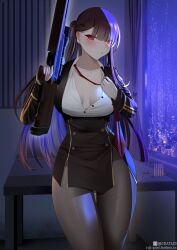  breasts bullpup female gdat girls&#039;_frontline grey_pantyhose gun holding holding_gun holding_weapon indoors jacket long_hair loose_necktie medium_breasts necktie pantyhose purple_hair red_eyes rifle shirt sniper_rifle solo untying very_long_hair wa2000_(girls&#039;_frontline) walther walther_wa_2000 weapon white_shirt window 