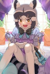  +_+ animal_ears balloon black_bow black_bowtie blue_bow blue_bowtie blue_dress blue_gloves blush bow bowtie common_raccoon_(kemono_friends) dress female frilled_dress frilled_gloves frills gloves grey_hair hair_between_eyes highres kedama_(ughugjydthjdf) kemono_friends kemono_friends_3 multicolored_dress multicolored_hair oerba_yun_fang official_alternate_costume open_mouth orange_eyes pantyhose puffy_short_sleeves puffy_sleeves purple_dress raccoon_ears raccoon_girl raccoon_tail short_hair short_sleeves sidelocks sitting smile solo striped_bow striped_bowtie striped_clothes tail two-tone_bow two-tone_bowtie white_bow white_bowtie white_dress white_hair white_pantyhose 