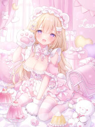  :d animal_hands anklet apron backpack bag blonde_hair bow bowtie breasts cleavage clothing_cutout cross-laced_clothes cross-laced_dress curtains dress female food frilled_apron frilled_dress frilled_hairband frills full_body gelatin gloves hair_ornament hairband heart heart-shaped_pillow heart_hair_ornament highres indoors jewelry large_breasts long_hair looking_at_viewer oerba_yun_fang omochi_monaka open_mouth original pacifier paw_gloves pillow pink_bag pink_dress pink_hairband pink_shoes pink_thighhighs puffy_short_sleeves puffy_sleeves purple_eyes randoseru shoes short_sleeves shoulder_cutout sitting skin_fang smile solo spoon string_of_flags striped_clothes striped_thighhighs stuffed_animal stuffed_toy teddy_bear teddy_bear_hair_ornament thighhighs twitter_username unworn_bag very_long_hair waist_apron wariza white_apron white_bow white_bowtie x_hair_ornament 