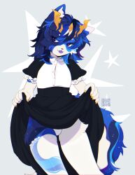  anthro blep blue_body blue_fur blue_hair bottomwear bulge clothed clothing crossdressing felid femboy front_view fur hair hi_res legwear looking_aside maid_uniform male male_anthro mammal mouth_closed portrait purple_eyes purple_tongue short_hair solo sonyan three-quarter_portrait tongue tongue_out uniform white_body white_bottomwear white_clothing white_fur white_legwear 