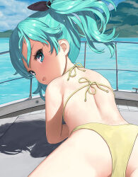  aqua_eyes aqua_hair ass back bikini commentary_request cropped day female jiji_(aardvark) looking_at_viewer looking_back lying medium_hair melonbooks ocean on_stomach original outdoors solo sunlight swimsuit twintails water 