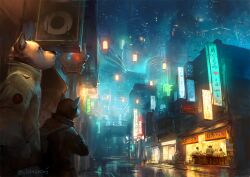  2018 anthro artist_name bovid bovine canid canine canis cattle city city_background cityscape civetstranj clothed clothing detailed_background digital_media_(artwork) domestic_cat felid feline felis fully_clothed group hood hood_up jacket japanese_text lamp male mammal outside restaurant sign sitting street text topwear wet wolf 