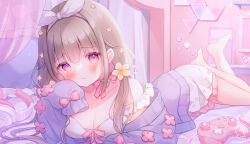  barefoot bed bedroom blush bow breasts brown_hair cable cardigan cleavage closed_mouth controller curtains dress female flower full_body game_controller hanakumo_rin_(vtuber) headphones highres indoors long_sleeves looking_at_viewer low_twintails lying medium_breasts neck_ribbon official_art omochi_monaka on_stomach pink_bow pink_ribbon propro_production purple_cardigan purple_eyes ribbon signature sleeve_bow sleeves_past_fingers sleeves_past_wrists solo strap_slip twintails unworn_headphones virtual_youtuber white_dress yellow_flower 