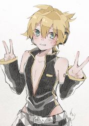  1boy ahoge bare_shoulders belt black_leotard black_shorts blonde_hair blue_eyes blush detached_sleeves double_v flustered grin hair_between_eyes headphones headset highres hip_vent kagamine_len kagamine_len_(punkish) leotard leotard_under_clothes looking_at_viewer male_focus open-bust_leotard paripariparingo popped_collar project_diva_(series) shirt short_hair shorts simple_background smile solo sweatdrop two-tone_belt v vocaloid white_background yellow_nails 