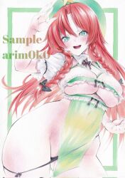  adapted_costume arim0k0 artist_name beret black_panties blush border braid breasts clothing_aside commentary covered_navel female frills green_border green_eyes green_hat hat hat_ornament highres hong_meiling large_breasts long_hair looking_at_viewer marker_(medium) open_mouth panties panties_aside parted_bangs red_hair short_sleeves side_braids solo star_(symbol) star_hat_ornament teeth touhou traditional_media twin_braids underwear upper_teeth_only 