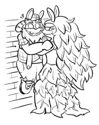  2022 altermentality alternate_form ambiguous_gender anthro beard beaver beaver_(mario_plus_rabbids) bent_arm black_and_white brick_wall buckteeth button_(fastener) clothed clothed_anthro clothed_female clothed_male clothing collared_shirt digital_drawing_(artwork) digital_media_(artwork) dress dress_shirt dryad dryad_(mario_plus_rabbids) english_description eyebrows eyelashes facial_hair female footwear fully_clothed fully_clothed_anthro fully_clothed_male group hair hi_res hybrid lagomorph larger_female larger_male leaf leaf_dress leaf_hair lifting_partner long_ears long_hair male male/female mammal mitten_hands monochrome moustache nintendo no_eyebrows noseless overweight overweight_anthro overweight_male pinned pinned_to_wall plant plant_hair pockets pseudo_hair rabbid raving_rabbids rayman_(series) rodent shirt shoes size_difference smaller_ambiguous smaller_anthro smaller_male smile smiling_at_another smiling_at_each_other smiling_at_partner suspenders sweetlopek tail tall_woman_lifting_short_woman teeth topwear trio ubisoft wall_(structure) white_beard white_eyebrows white_eyes white_facial_hair white_mustache white_nose white_tail 