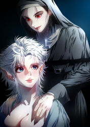  2girls astarion baldur&#039;s_gate baldur&#039;s_gate_3 black_hair blue_eyes breasts cazador_szarr cleavage dungeons_&amp;_dragons genderswap_(mtf) gev highres looking_at_another medium_hair mullet multiple_girls nun red_eyes rule_63 white_hair 