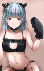  absurdres admi_(nikke) ahoge alternate_costume animal_ears animal_hands bell black_bra black_choker black_panties blunt_bangs blush bra breasts brown_background c-wing cat_cutout cat_ear_panties cat_ears cat_lingerie choker closed_mouth clothing_cutout collarbone embarrassed female frilled_bra frills furrowed_brow gloves goddess_of_victory:_nikke green_hair grey_hair groin hair_ornament hand_up headgear highres looking_at_viewer multicolored_hair navel neck_bell panties paw_gloves pink_eyes side-tie_panties simple_background sitting small_breasts solo streaked_hair underwear 