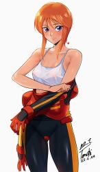  absurdres armpit_crease artist_name ass_visible_through_thighs bare_shoulders blush bodysuit breasts camisole cleavage closed_mouth collarbone commentary cowboy_shot dated female gloves gundam gundam_zz hair_between_eyes heart highres long_sidelocks looking_at_viewer mecha mecha_pilot_suit multicolored_bodysuit normal_suit_(gundam) orange_hair partially_undressed pilot purple_eyes puru_two red_bodysuit robot see-through_clothes shirt short_hair sidelocks signature simple_background skin_tight small_breasts solo standing suit sweat symbol-only_commentary white_background yoo_tenchi 
